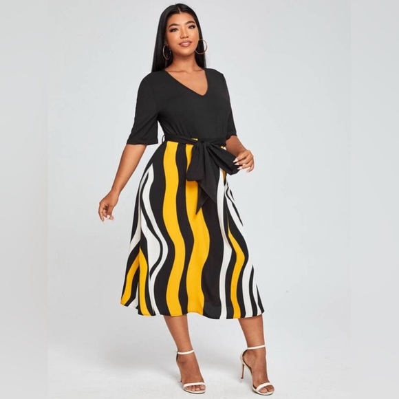 NWOT Clasi Striped Self Tie A-Line Dress size 20 Yellow/Black/White - Picture 3 of 7